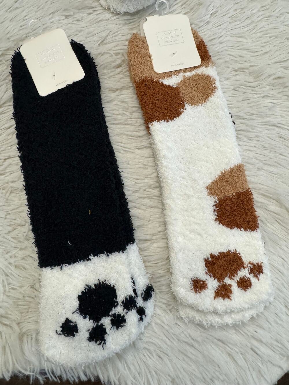 black & white brown spots kids cat socks black paw print on white toe set of 2